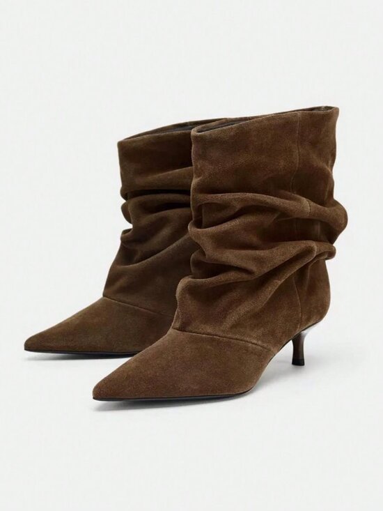 Shoes - Brown Women's boho ruched Casual heeled Boots